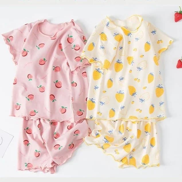 Ensemble pyjama d'été pour filles, imprimé fraises, short et t-shirt pêches roses, vêtements d'intér