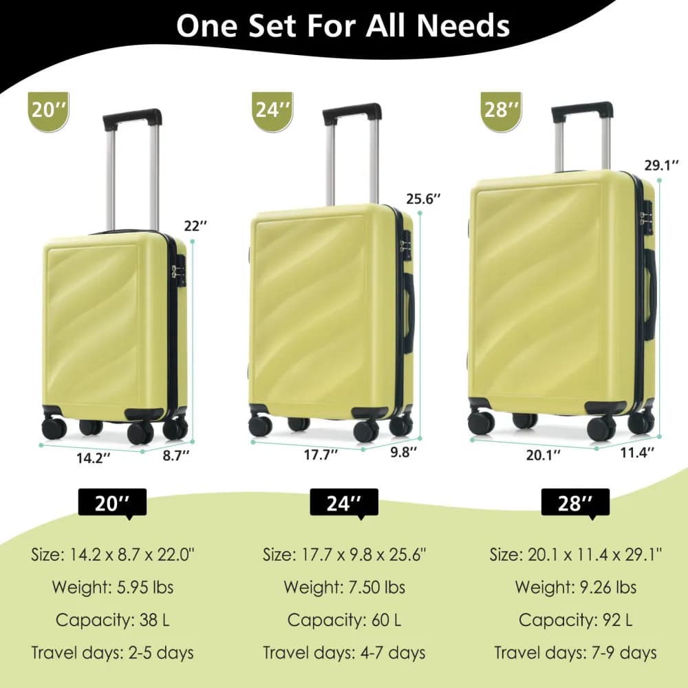 Ensemble de bagages rigides légers en ABS 3 pièces avec roulettes pivotantes, serrure TSA, valise ca