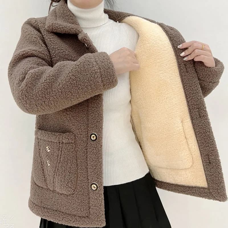 Manteau en fourrure d'agneau à simple boutonnage pour femme, veste décontractée pour femme, poche à 