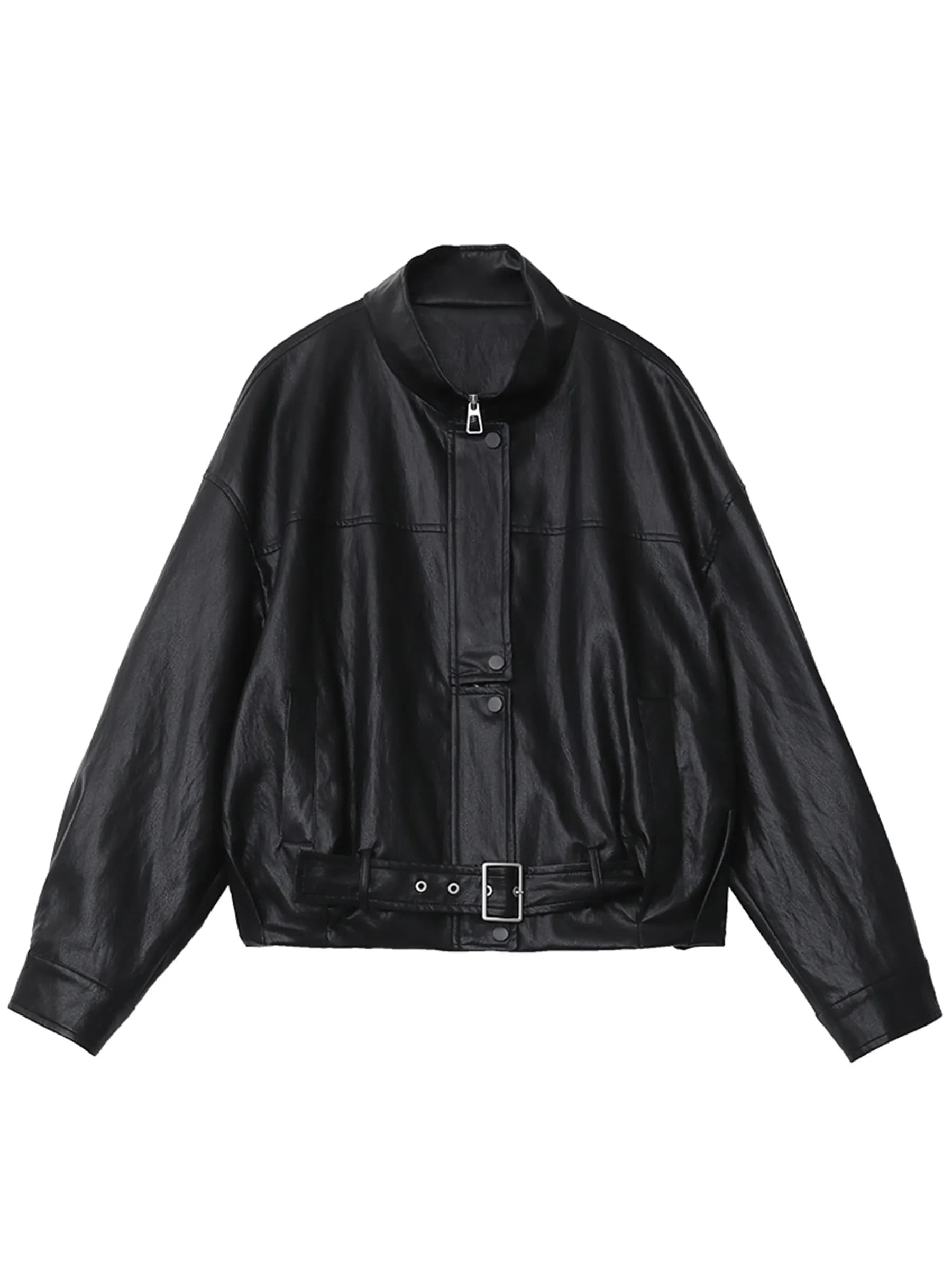 CHIC VEN Nouvelle Veste Courte Femme en PU Style Motard Coupe Ample Col Montant Unie Coupe-Vent Prin