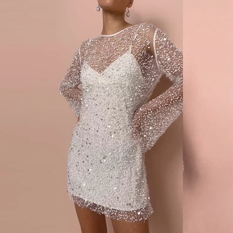 Femmes élégant épissage solide polyvalent robe Chic col rond paillettes robe creuse mode jarretelle 