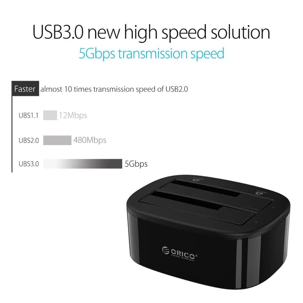 ORICO Station d'accueil pour disque dur double baie pour 2.5/3.5 pouces HDD SSD SATA vers USB 3.0 St