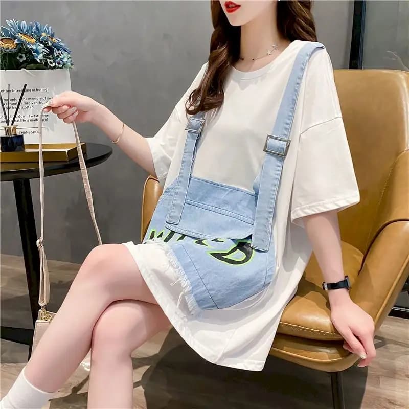T-shirt en denim à manches courtes pour femmes, faux deux pièces, mode, vêtements coréens, été, chim