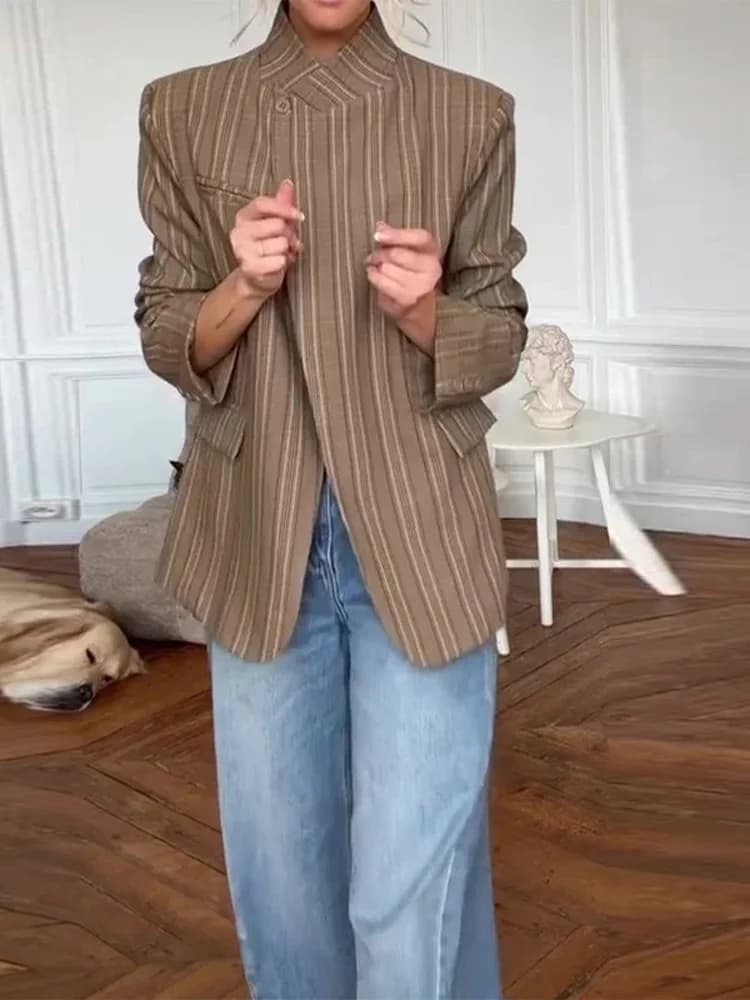 Blazer à carreaux pour femme, col montant, manches longues, bouton unique, poches, veste de bureau d