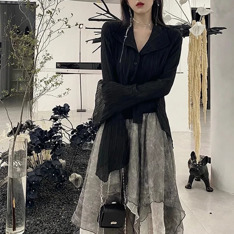 Karrcat – chemises gothiques noires, irrégulières, Style Yamamoto, Blouse à manches évasées, vêtemen
