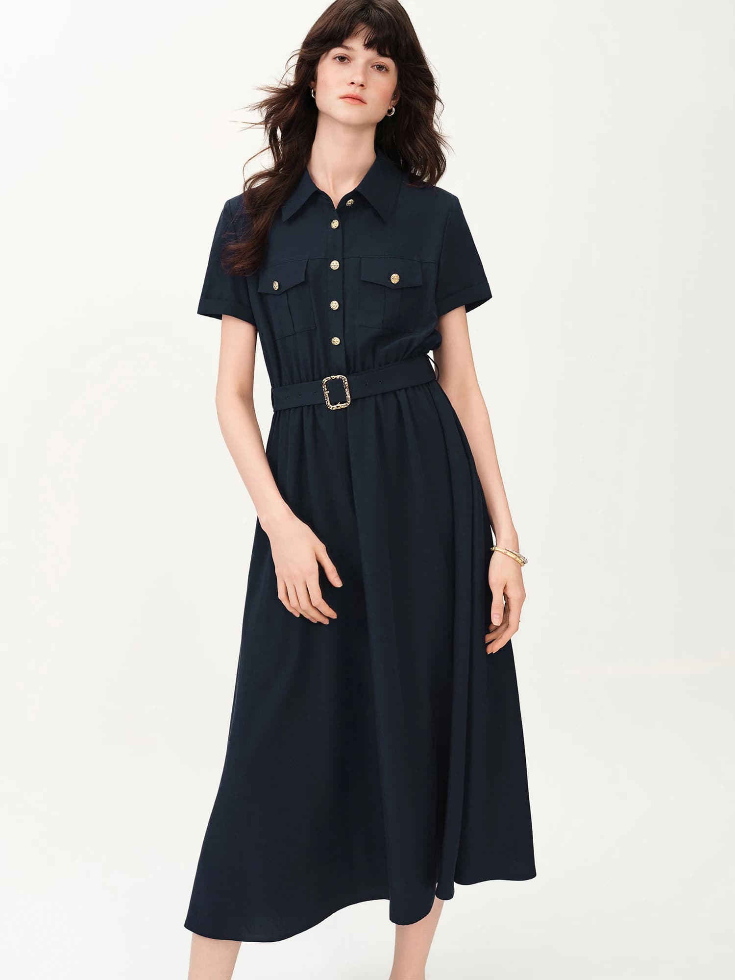 Robe d'été sophistiquée en lin à manches courtes pour femme FSLE 2026 - Coupe trapèze classique mi-l