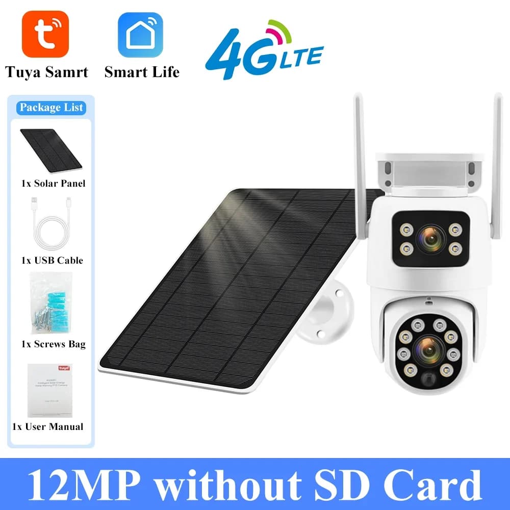 Caméra extérieure solaire 4G Tuya, étanche, avec suivi automatique PIR, 12MP, double objectif, PTZ, 