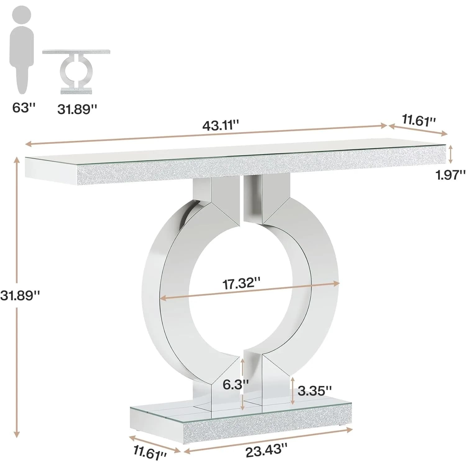 Table console en miroir avec base en forme de O, table d'entrée, table de canapé en verre avec finit