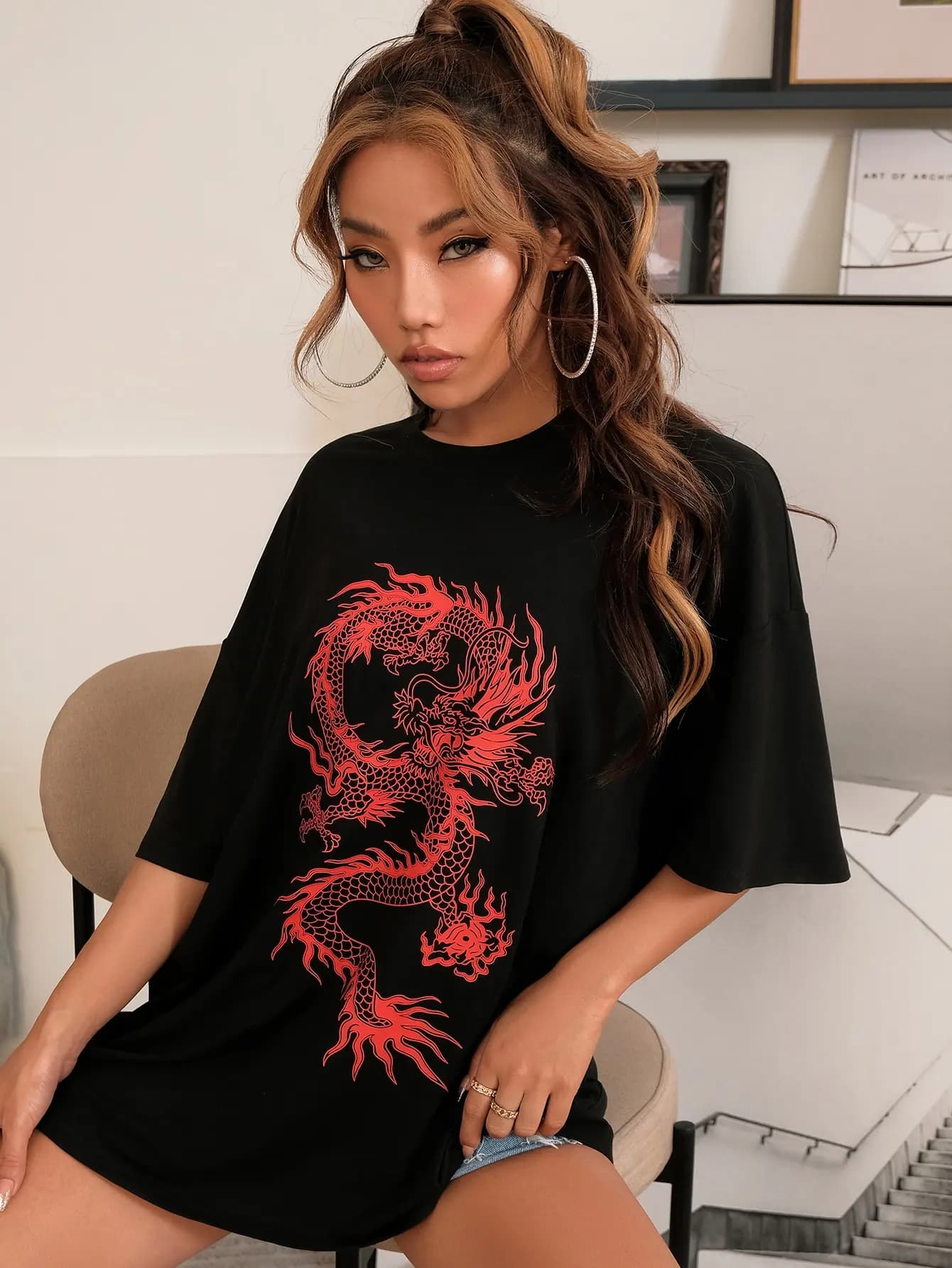 T-shirt manches courtes femme 100% coton, estival et surdimensionné, avec motif dragon rouge chinois
