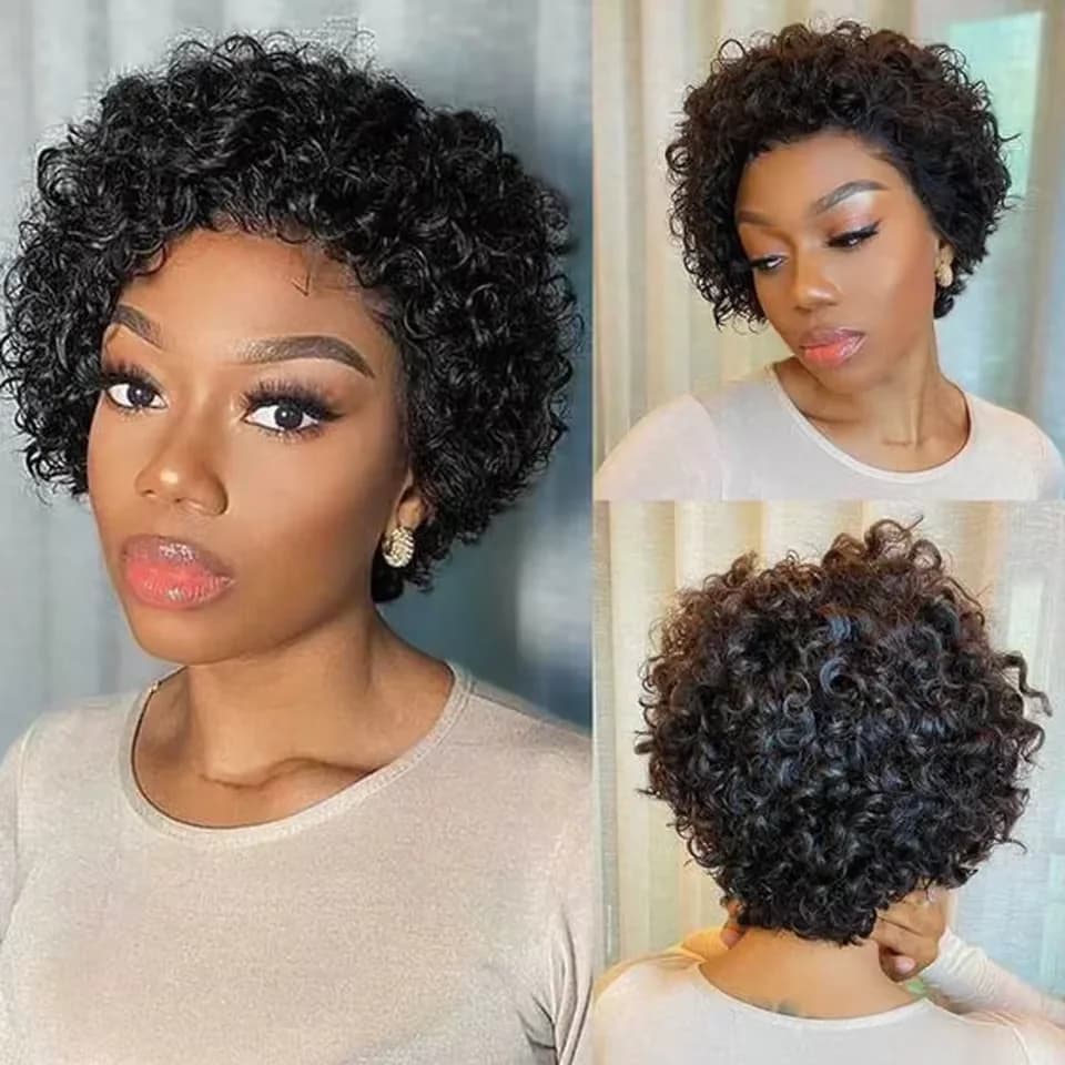 Perruques coupe lutin cheveux humains courts bouclés avant de lacet perruques de cheveux humains bré