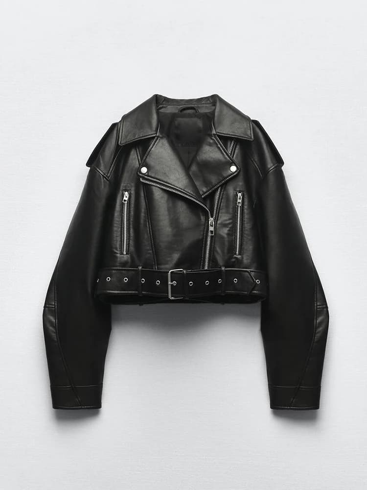 Ailegogo printemps automne femmes Faux cuir Pu veste courte avec ceinture moto motard femme fermetur