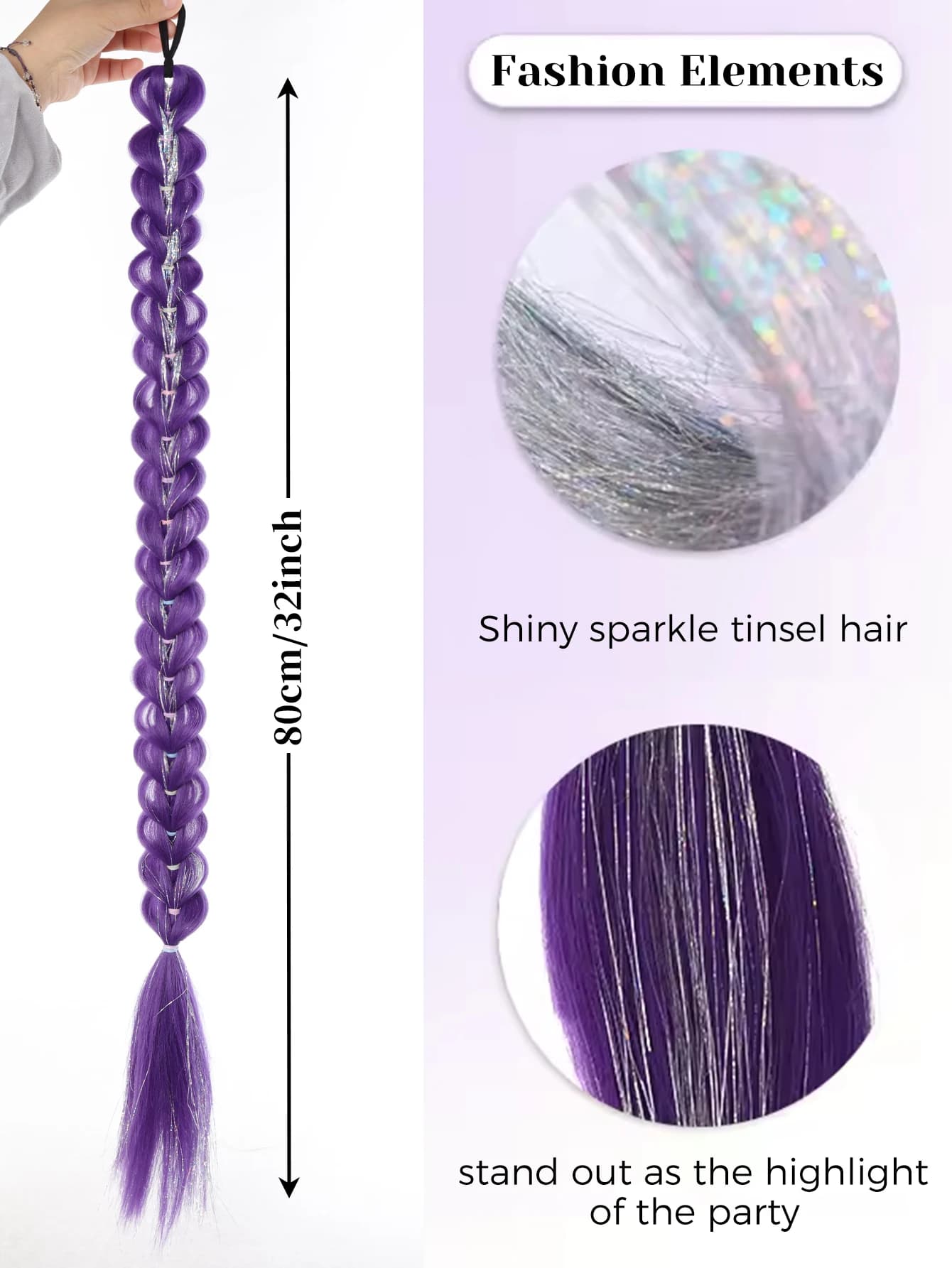 32 pouces tressé violet cheveux queue de cheval avec guirlandes perruque Super Extensions brillant g