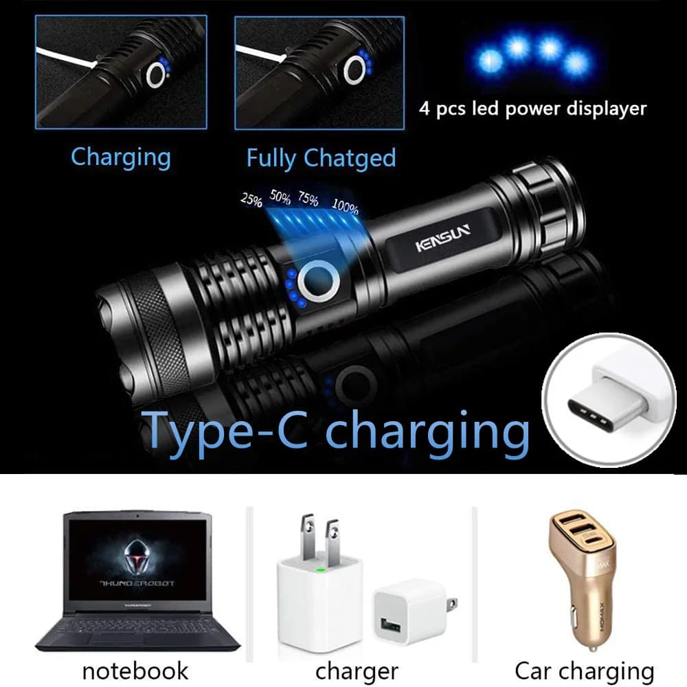 Lampe de poche LED haute puissance XHP50 à 4 cœurs, torche Rechargeable de Type C, Zoom, lanterne à 