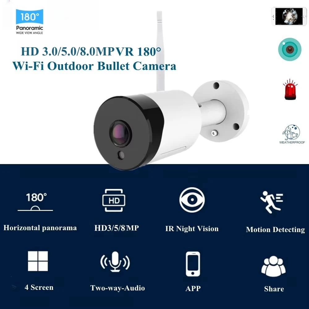 Caméra de sécurité sans fil 8.0MP FishEye Wifi IP extérieure 3MP/5MP IR avec fente SD, surveillance 