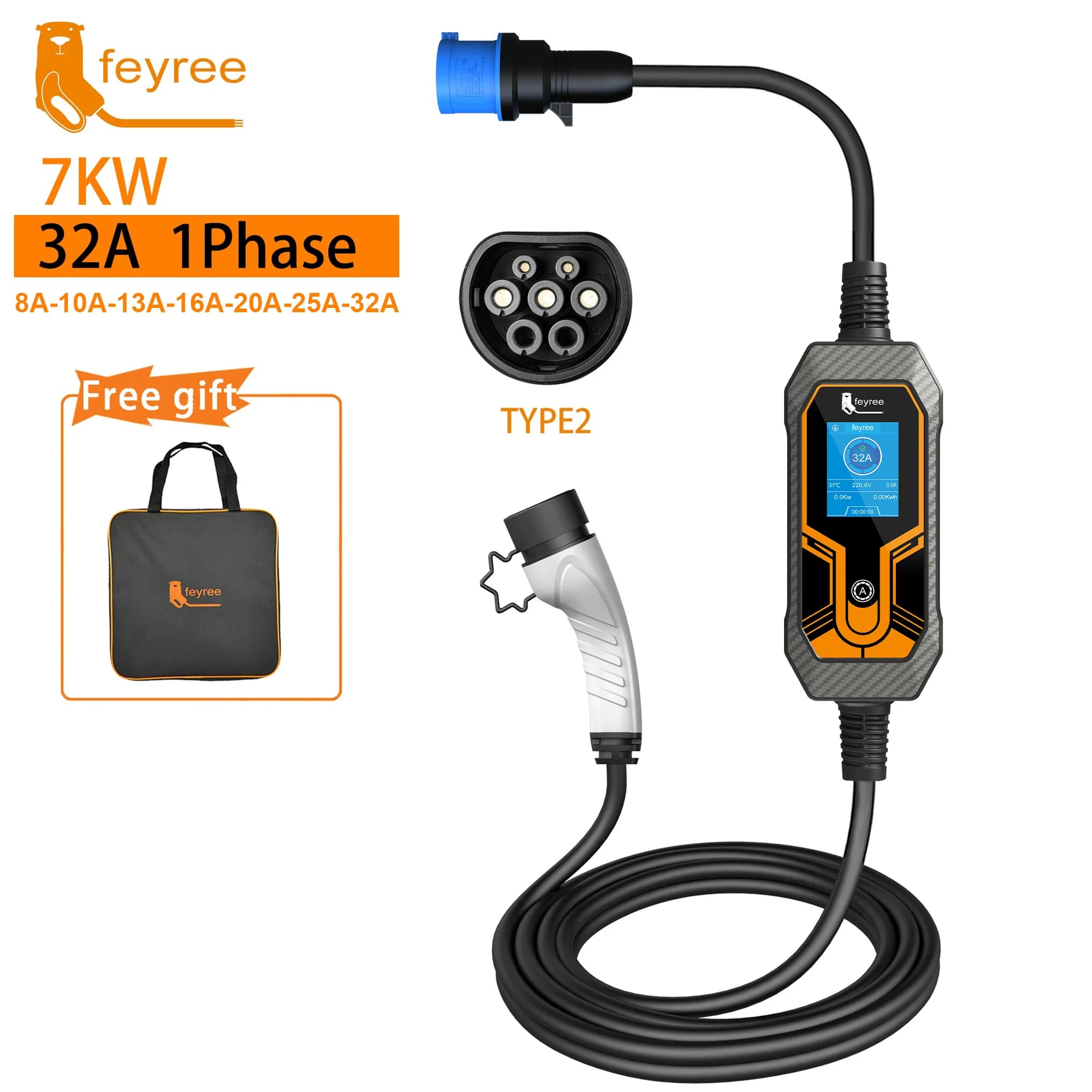 Feyree Portable EV chargeur Wallbox Type2 câble 32A 7KW avec prise CEE EVSE Type1 boîte de charge j1