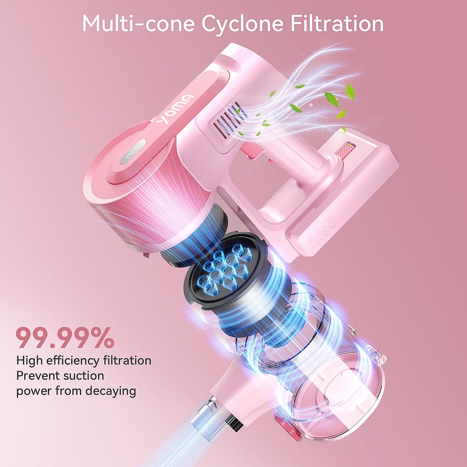 YOMA-Aspirateur balai sans fil, aspirateur sans fil, déterminer les poils d'animaux, sol dur, rose, 
