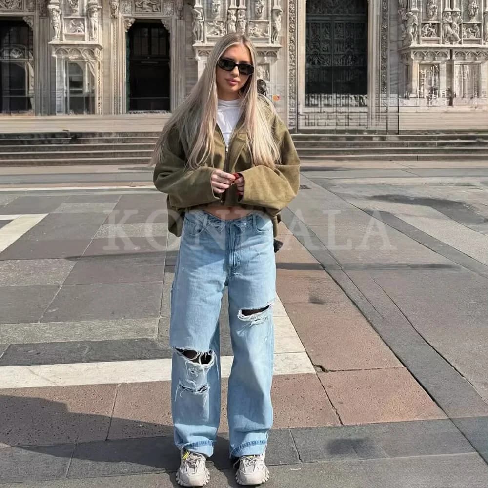KONDALA 2026 Printemps-Été – Pantalon en jean élégant pour femme, coupe large, déchiré, idéal pour l