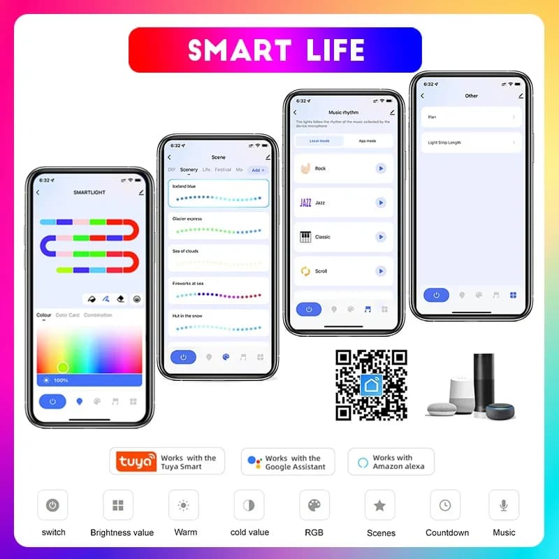 Bande lumineuse LED RGBIC Smartlife, 65.5 pieds/20m, WS2811, TUYA DreamColor, 60 diodes/M, bande Fle