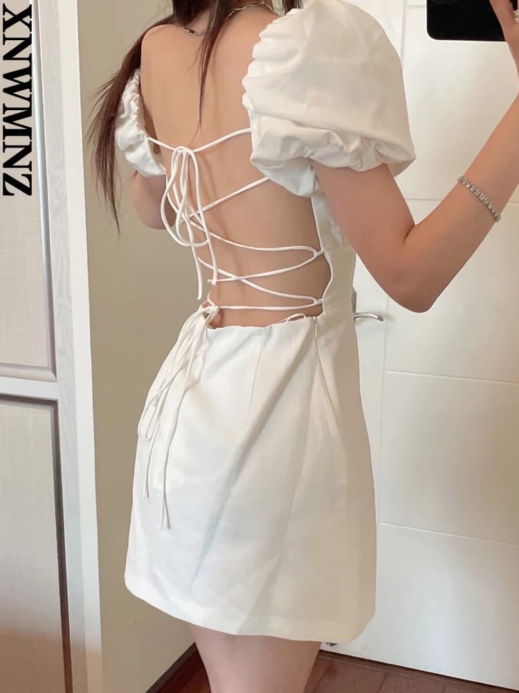 XNWMNZ 2022 femmes mode lin mélangé robe vacances style col carré manches bouffantes dos bretelles c