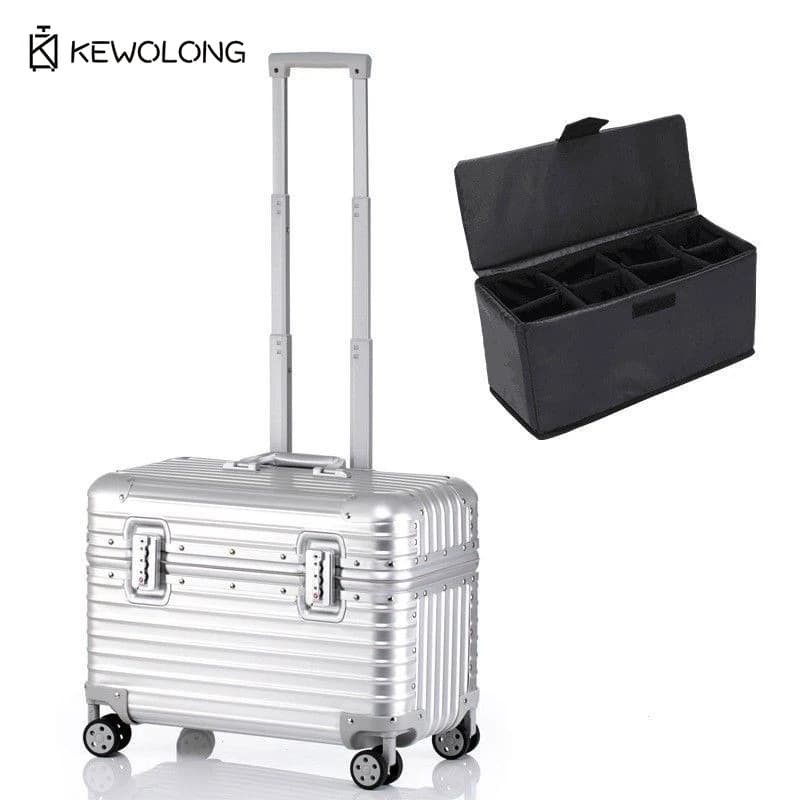 Valise en aluminium à coins arrondis, bagage cabine rigide à ouverture par le haut avec roulettes à 