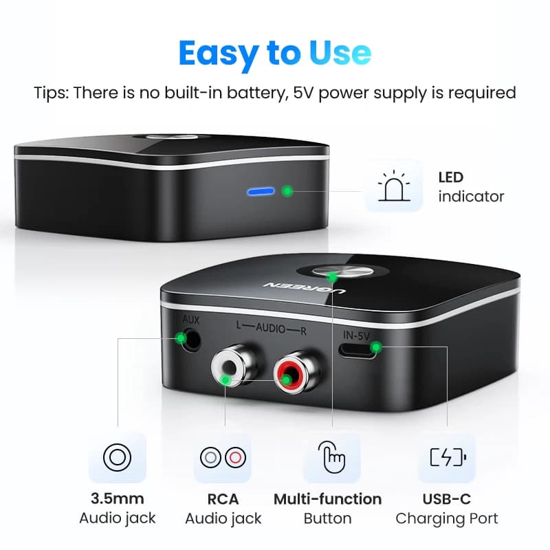UGREEN Bluetooth RCA récepteur 5.1 aptX HD 3.5mm Jack Aux adaptateur sans fil musique pour TV voitur
