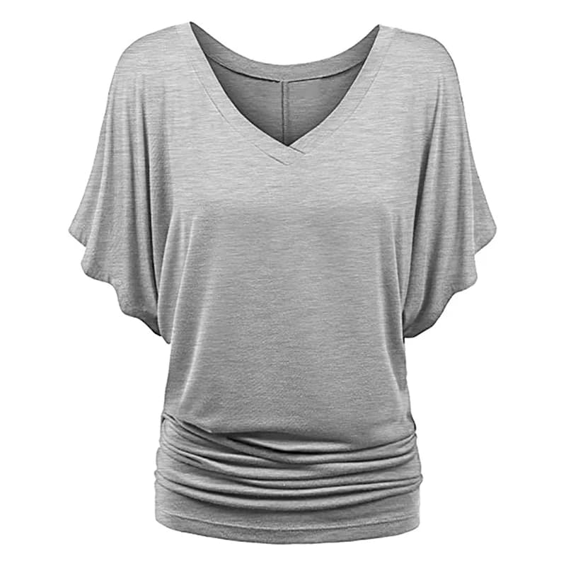T-shirt chauve-souris classique décontracté, grande taille, col en v, manches courtes, rose, gris, b