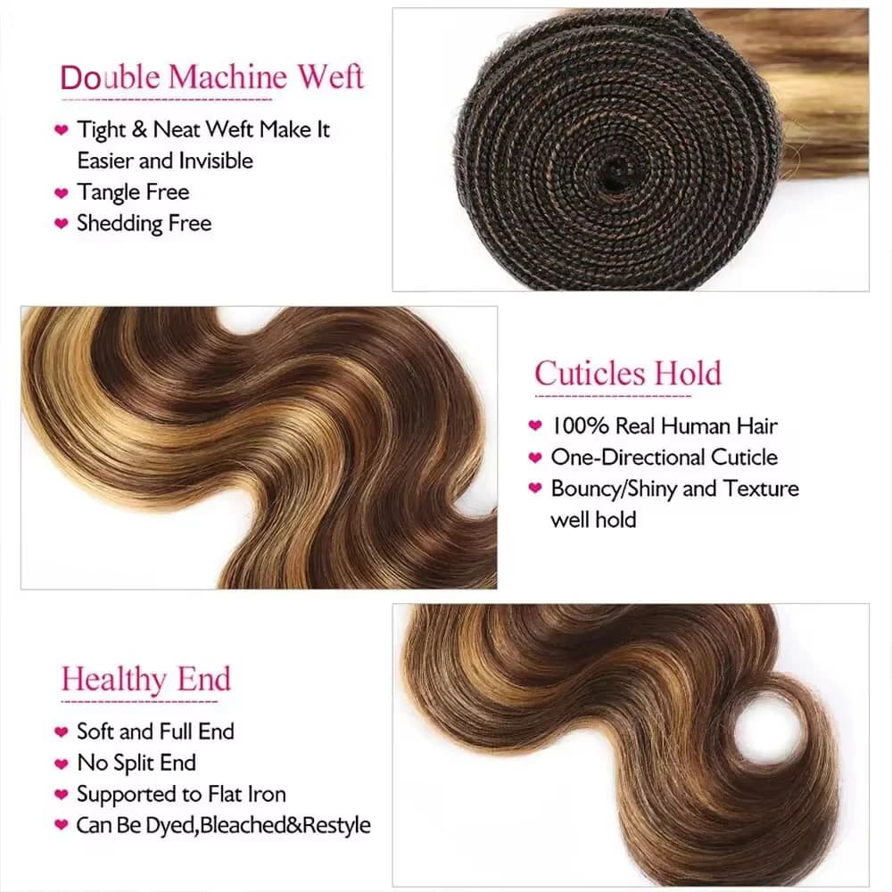 Extensions de cheveux humains naturels bruts Remy, Ondulation Body Wave, Couleur Ombrée avec mèches 