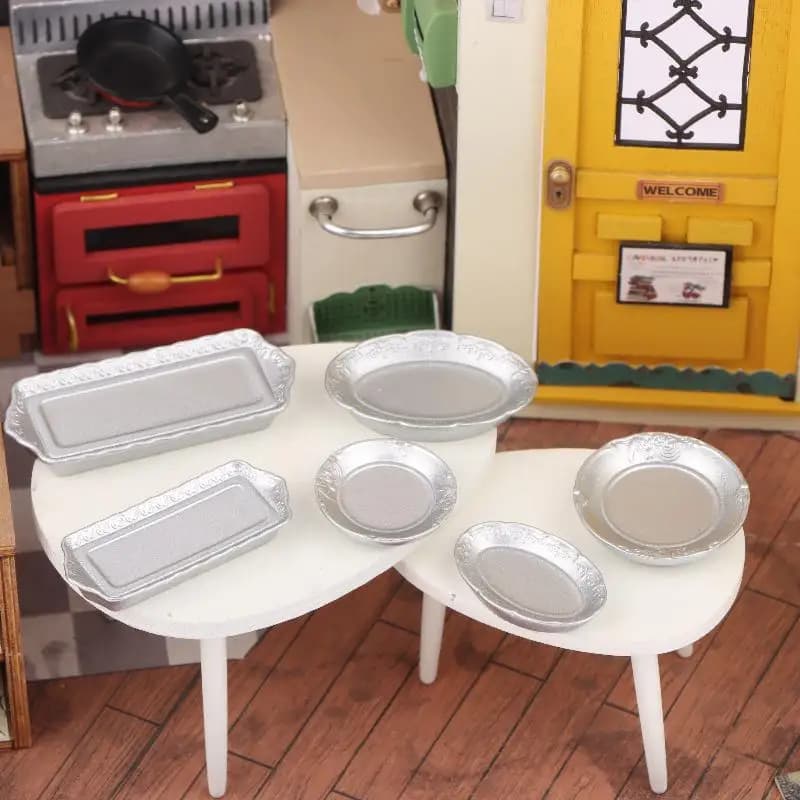 Accessoire pour maison de poupée 1/12, ensemble d'assiettes en argent Antique, jouets de décoration 