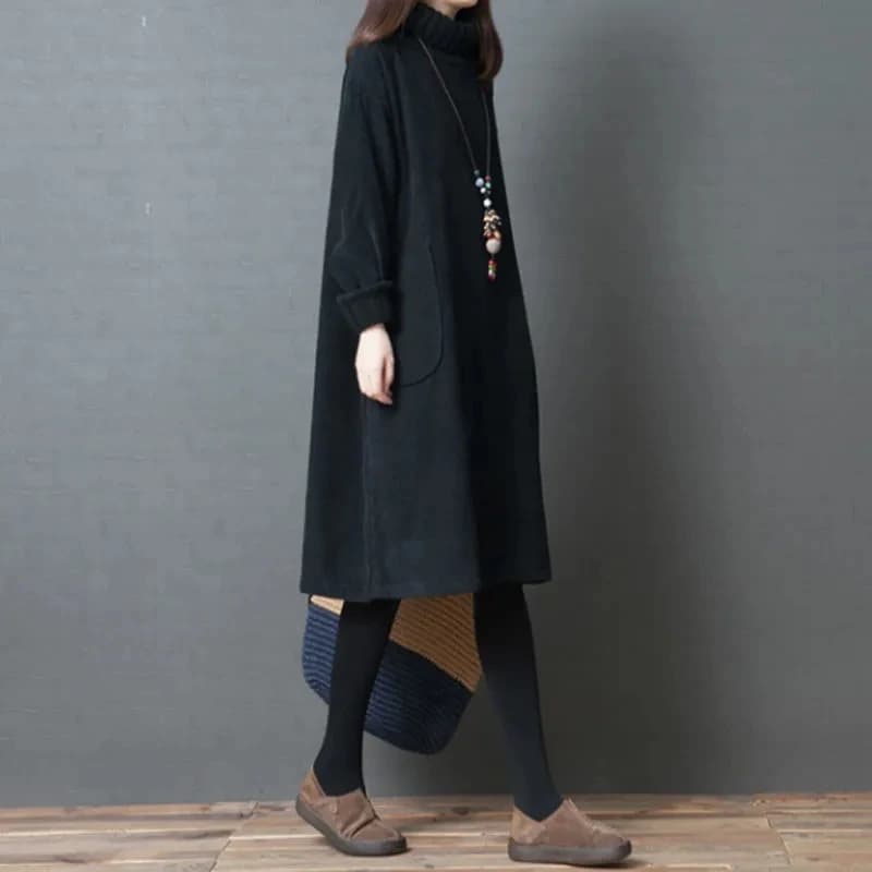 Robe mi-longue en velours côtelé rétro pour femme, pull, pull, velours ajouté, col haut, éducatif, a