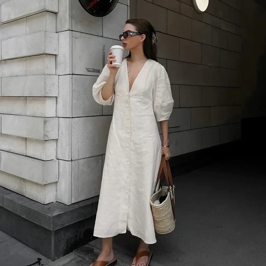 Robe d'été rétro en coton et lin pour femmes, col en V, manches bouffantes, longue robe maxi, robes 