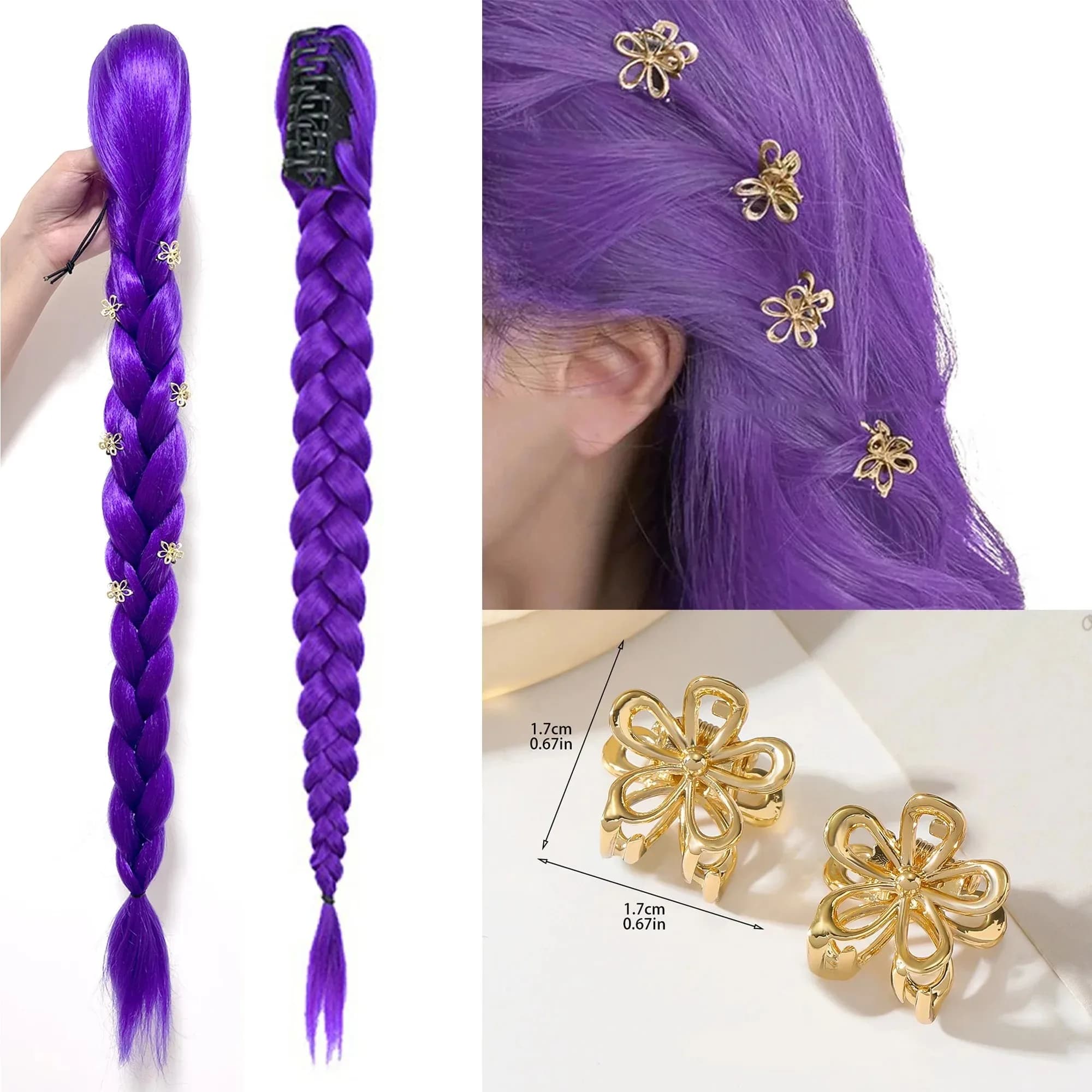 Tresse violette de 82 pouces de long avec fleur pour enfants et filles, queue de cheval synthétique 