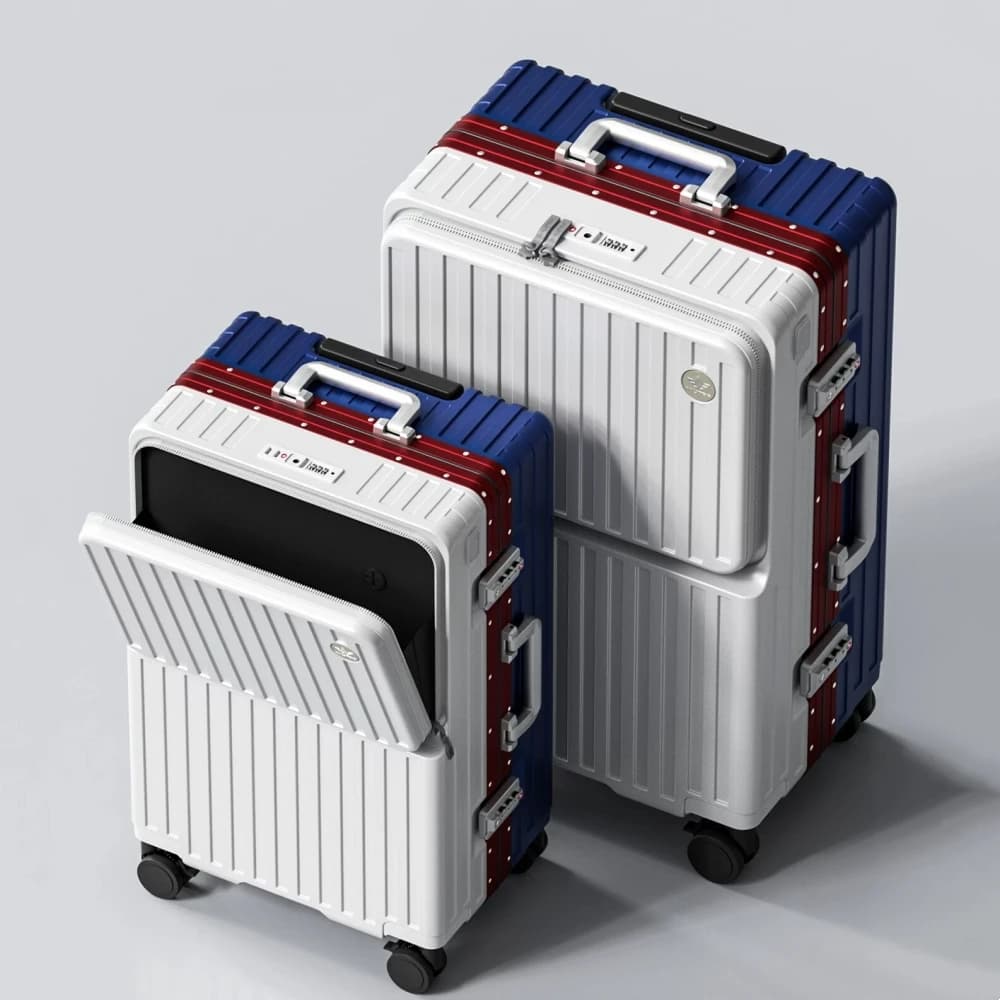 Valise à ouverture frontale en PC avec cadre en aluminium, serrure TSA, porte-gobelet et port de cha