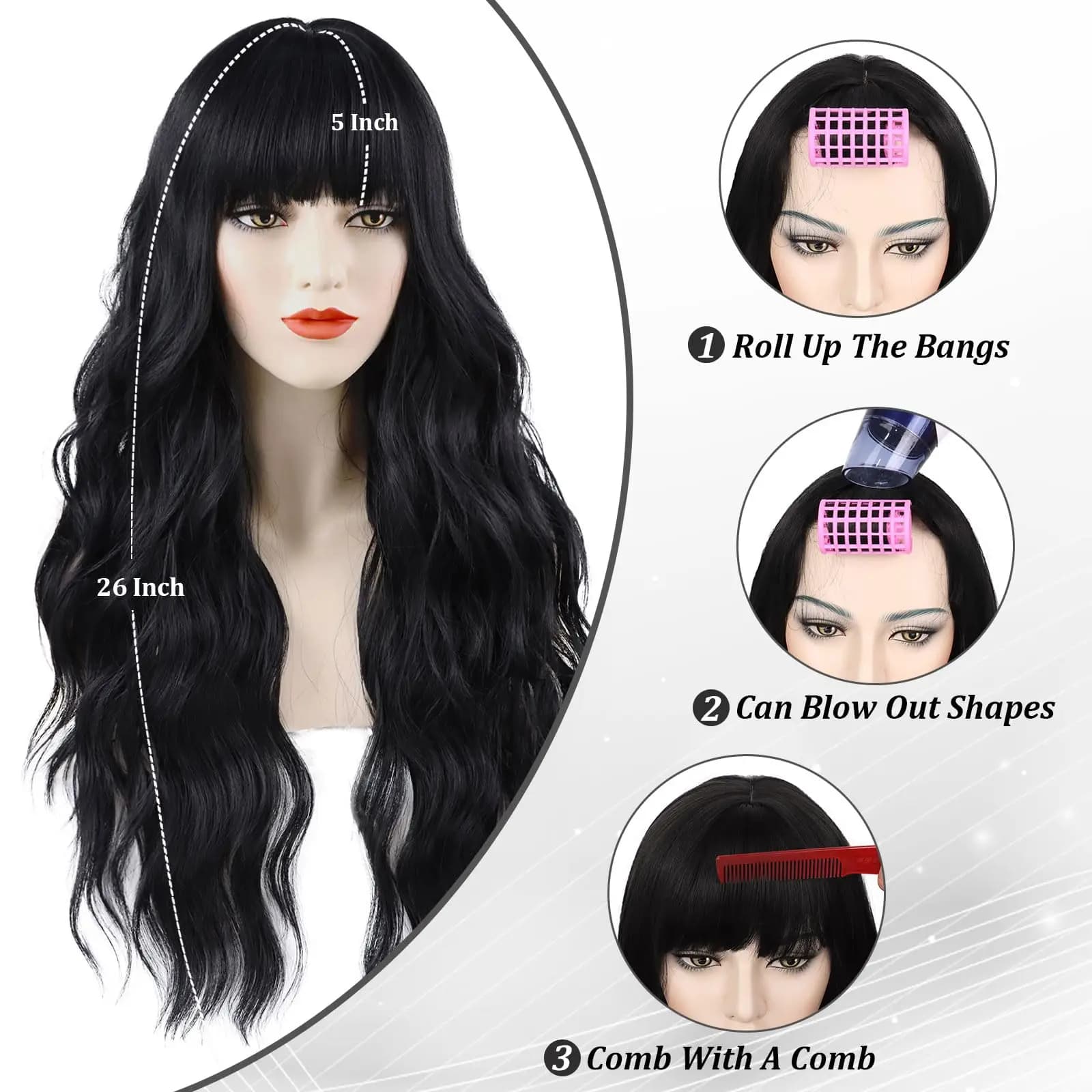 Nouvelle perruque bouclée synthétique noire pour fête, cosplay d'Halloween, usage quotidien, ensembl