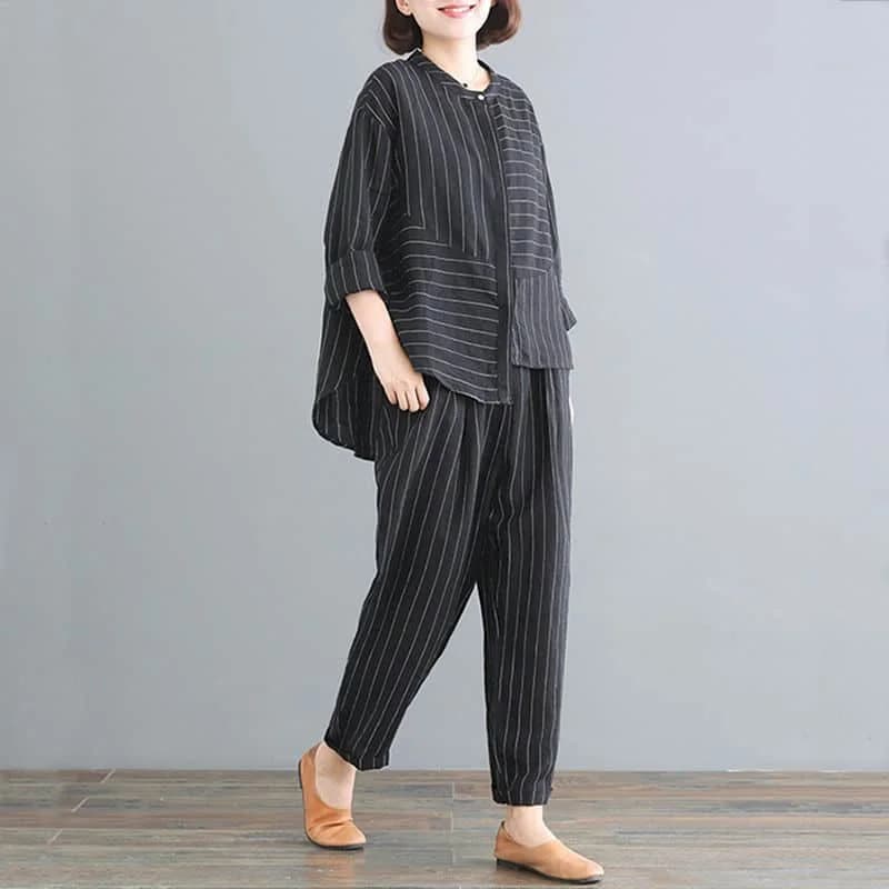Ensemble Deux Pièces pour Femme, Chemise Rayée à Manches sulfet Pantalon Sarouel à Taille artificiel