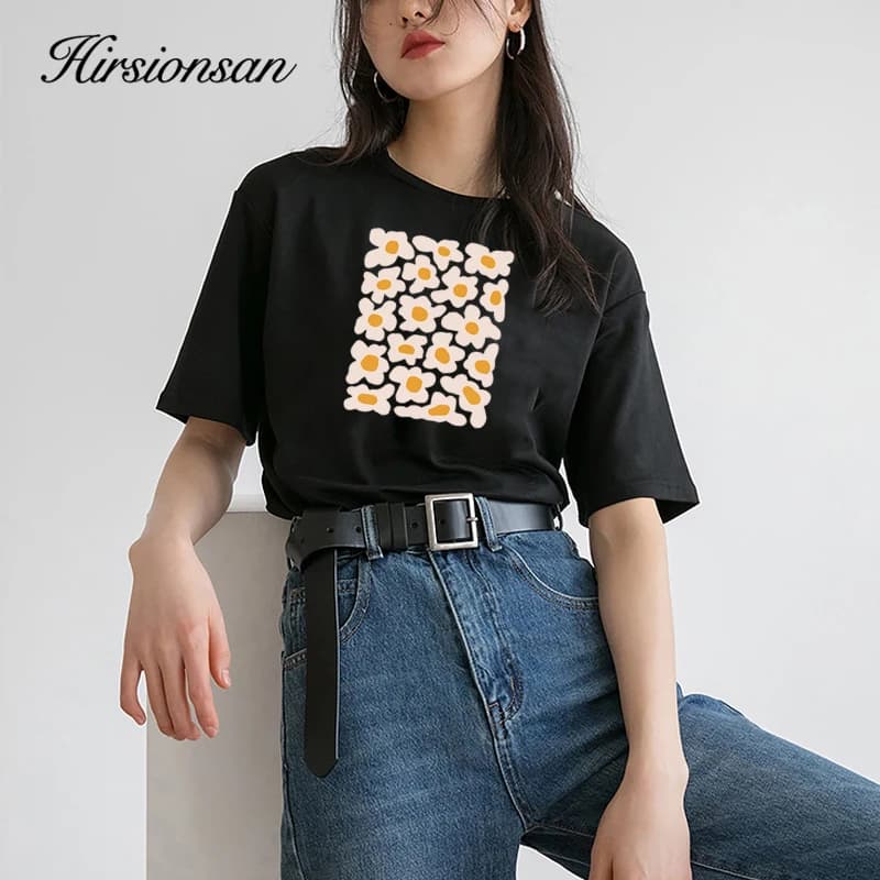 Hirsionsan – t-shirt manches courtes pour femme, basique, 2023 coton, imprimé petite marguerite, sty