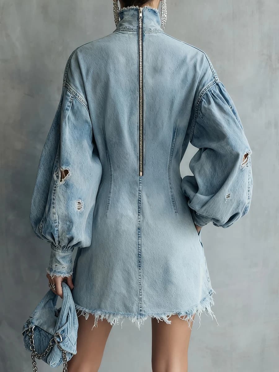 Robe Courte en Jean Rétro Tendance à Col Montant, Manches Lanterne, Poches et Détails Découpés, Coup