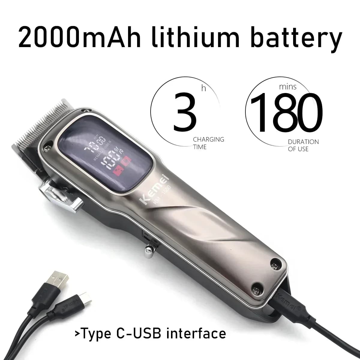 Kemei KM-1550 Professionnel Tondeuse À Cheveux pour Hommes Affichage LED À Faible Bruit Sans Fil USB