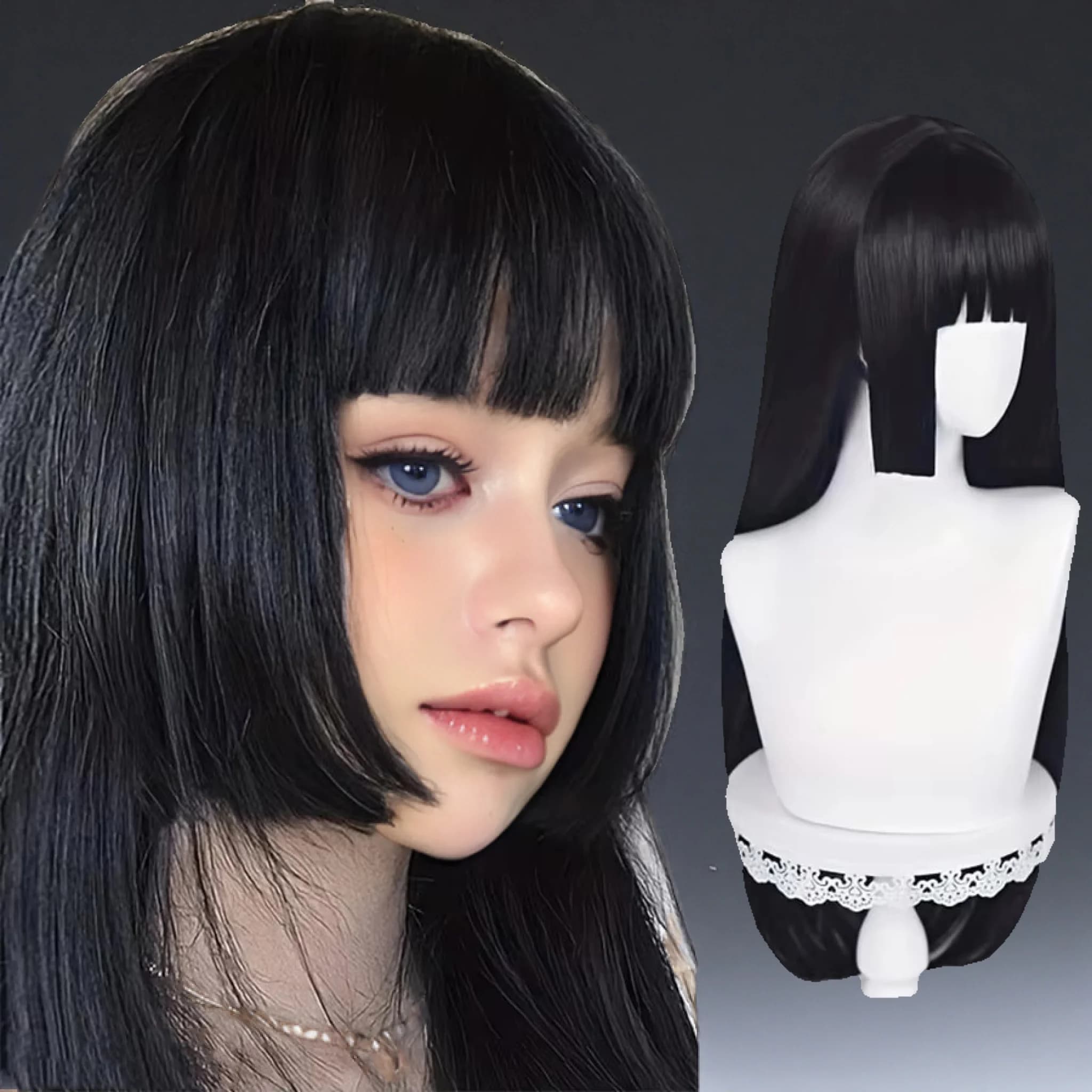 Perruque synthétique noire longue et droite naturelle avec frange, perruque de cosplay Lolita pour f