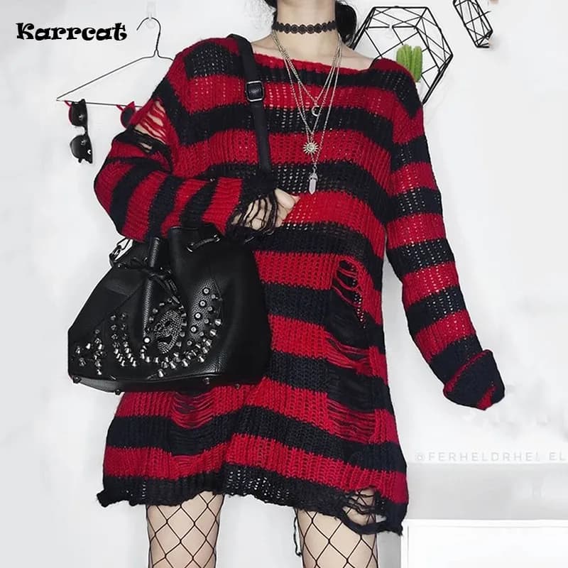 Karrcat Grunge Harajuku rayé tricot pull femmes Y2K Streetwear trou cassé pull ample violet chandail