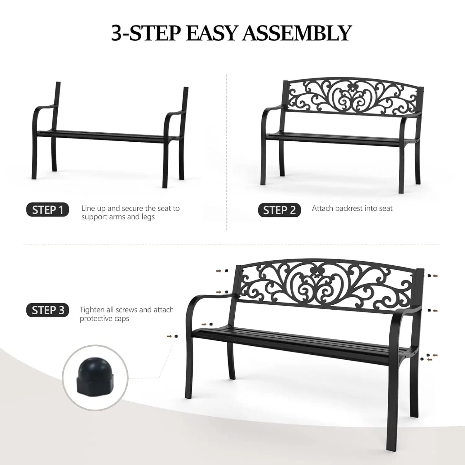 Banc de jardin extérieur en métal avec dossier en PVC à motifs, pour patio, véranda, cour, pelouse, 