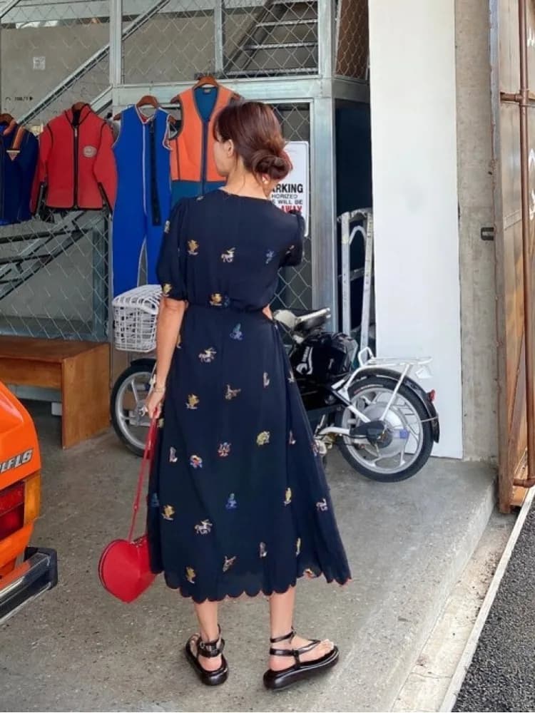 Robe longue en mousseline de soie brodée de fleurs vintage pour femmes, évider, taille incurvée, col