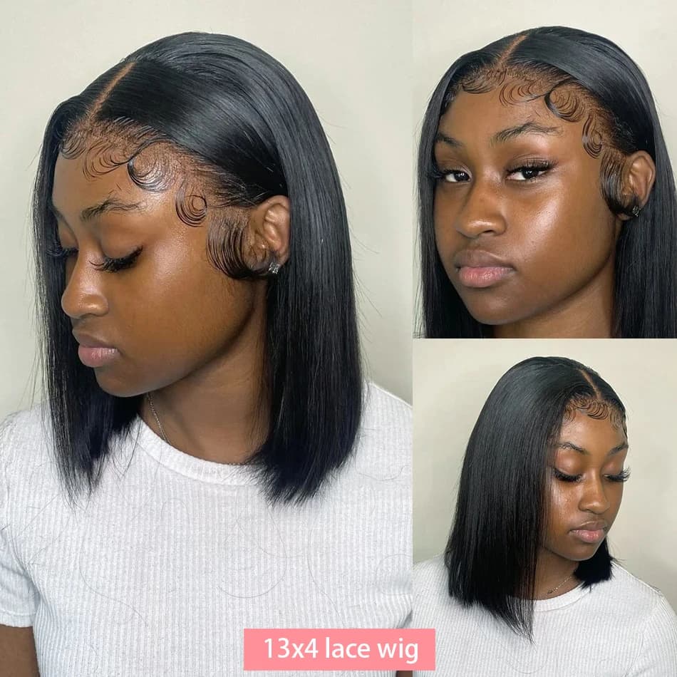 Perruques Lace Frontal 13x4 ultra-lisses, coupe courte bob, pré-épilées, avec dentelle transparente 