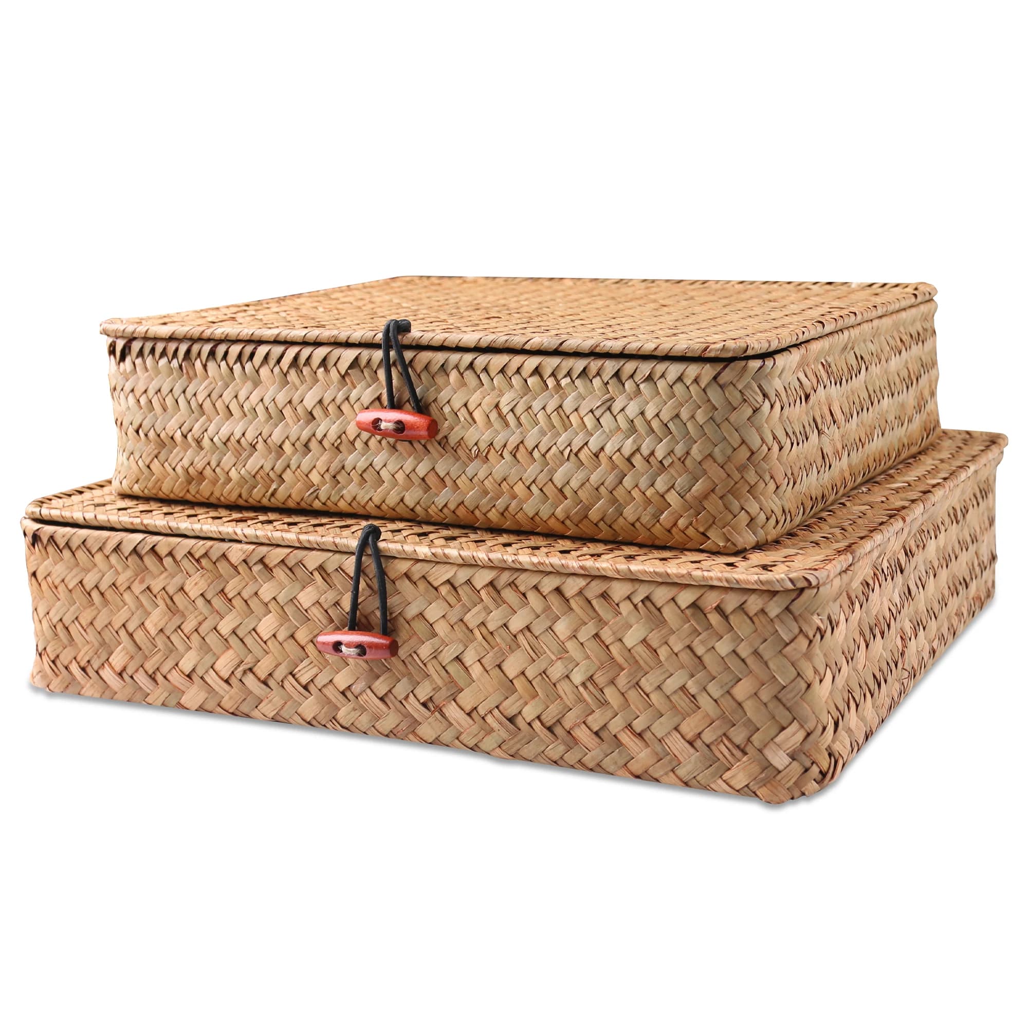 Paniers en jonc de mer avec couvercle, 2 pièces, panier de rangement en osier, bacs de rangement pla