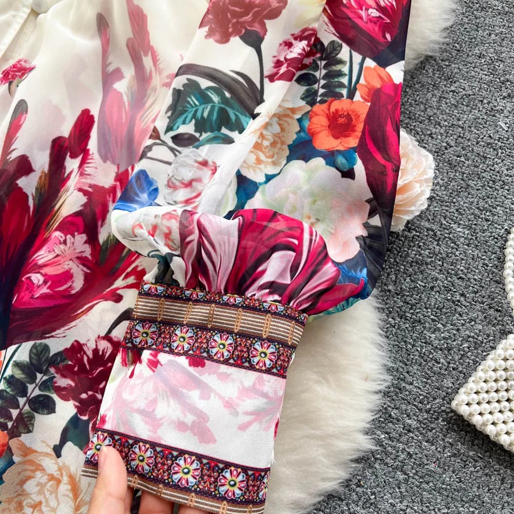Robe de style bohème pour femme, col en V profond, manches longues, décontracté, imprimé floral, vol