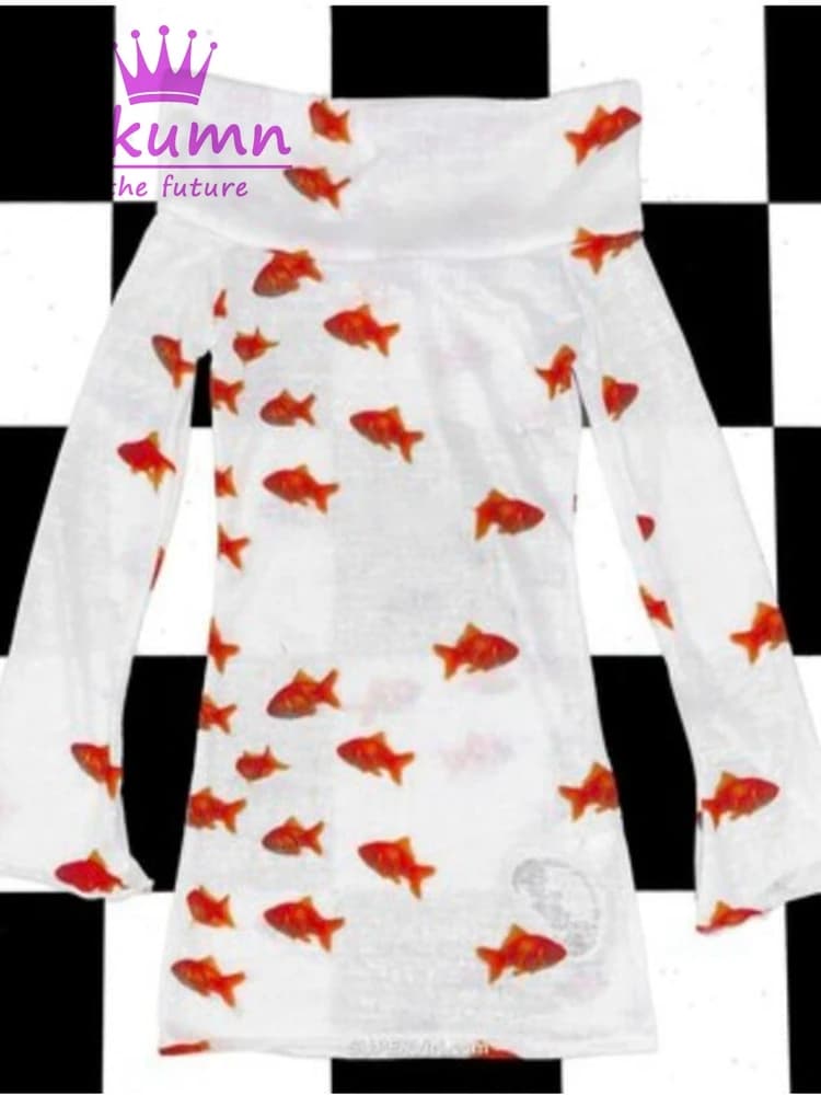 Mikumn-T-shirt Slim à manches longues pour femmes, imprimé poisson rouge, col slash, mode coréenne, 