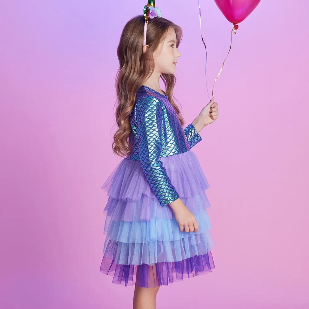 VIKITA filles robe imprimée sirène enfants couches maille Tulle gâteau robe de bal Tutu robes fille 