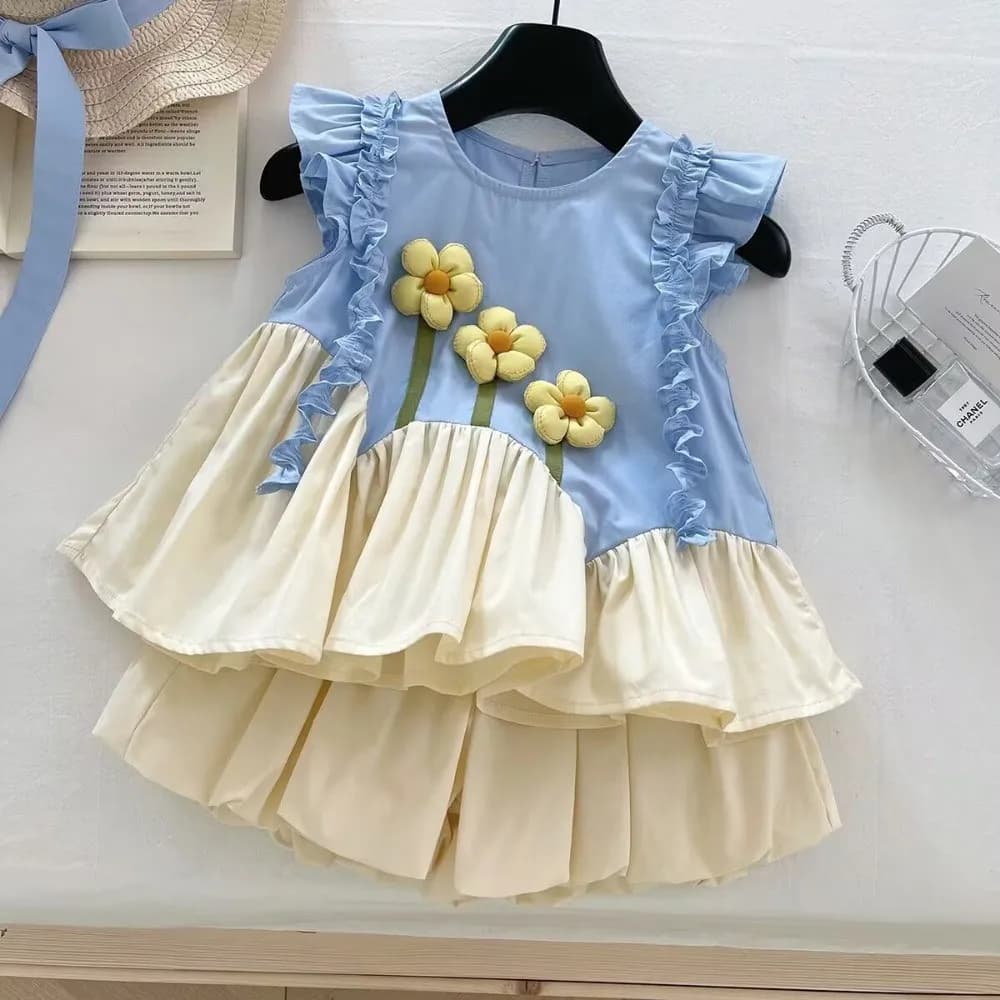 Ensemble deux pièces t-shirt à manches volantes + short, décontracté, Patchwork de fleurs 3D, vêteme