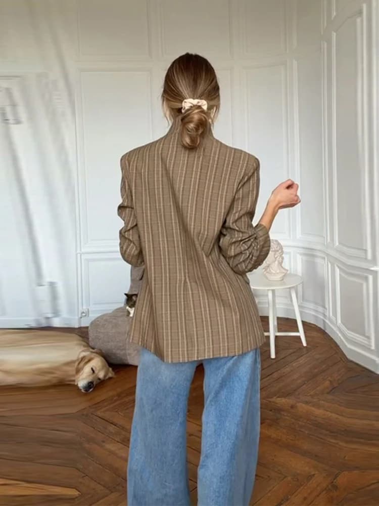 Blazer à carreaux pour femme, col montant, manches longues, bouton unique, poches, veste de bureau d