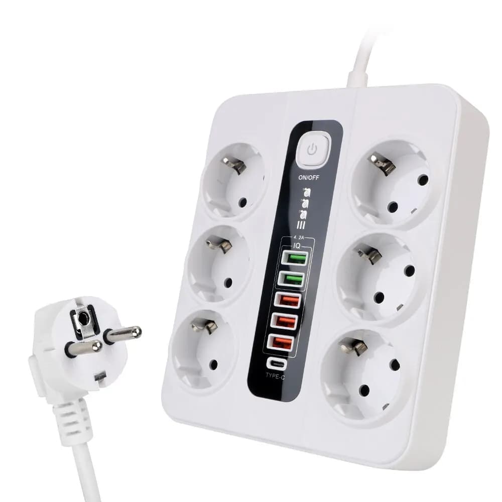 Prise d'extension avec interrupteur de sécurité, multiprise pour bureau et maison, prise UE, 3000W, 