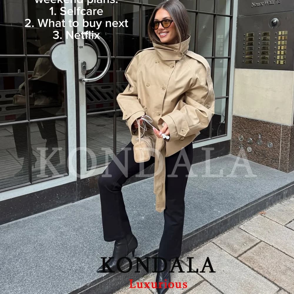 KONDALA Manteau Trench Chic Vintage pour Femme, Kaki Uni, Col Montant, Double Boutonnage, Ceinture à